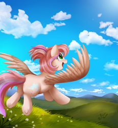 Size: 2855x3087 | Tagged: safe, artist:pridark, imported from derpibooru, oc, oc only, oc:sweet skies, pegasus, pony, cloud, female, field, flower, flying, high res, mountain, scenery, solo, spread wings, wings