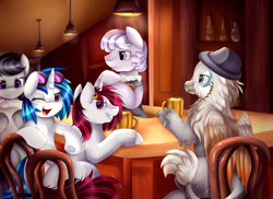 Size: 3509x2550 | Tagged: safe, artist:pridark, imported from derpibooru, 33 1-3 lp, dj pon-3, long play, octavia melody, vinyl scratch, oc, classical hippogriff, hippogriff, pony, unicorn, bar, bartender, chair, ear piercing, earring, high res, jewelry, one eye closed, piercing, pub, wink