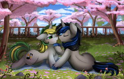 Size: 3520x2242 | Tagged: safe, artist:pridark, imported from derpibooru, oc, oc only, oc:bluepaint, oc:green stars, pony, unicorn, cherry blossoms, cherry tree, cloud, duo, female, fence, flower, flower blossom, grass, high res, male, oc x oc, romantic, scenery, shipping, sky, straight, tree