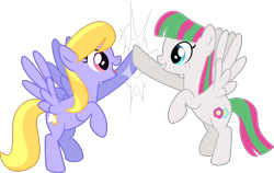 Size: 7624x4809 | Tagged: safe, artist:thatusualguy06, imported from derpibooru, blossomforth, cloud kicker, pegasus, pony, .svg available, absurd resolution, duo, duo female, female, flying, grin, hoofbump, looking at each other, mare, open mouth, open smile, simple background, smiling, transparent background, vector