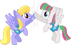 Size: 7624x4809 | Tagged: safe, alternate version, artist:thatusualguy06, imported from derpibooru, blossomforth, cloud kicker, pegasus, pony, .svg available, absurd resolution, duo, duo female, female, flying, grin, hoofbump, looking at each other, mare, open mouth, open smile, simple background, smiling, transparent background, vector, winter wrap up vest