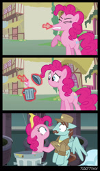 Size: 1288x2206 | Tagged: safe, edit, edited screencap, editor:teren rogriss, imported from derpibooru, screencap, pinkie pie, earth pony, pegasus, pony, magic duel, secrets and pies, cursor, disembodied mouth, janitor, no mouth, no nose, trash, trash can, unnamed character, unnamed pony