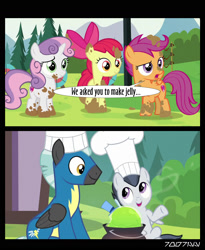 Size: 1288x1572 | Tagged: safe, edit, edited screencap, editor:teren rogriss, imported from derpibooru, screencap, apple bloom, rumble, scootaloo, smooze, sweetie belle, thunderlane, earth pony, pegasus, pony, unicorn, marks and recreation, chef's hat, clothes, cutie mark crusaders, hat, mud, muddy, pot, uniform, wonderbolts uniform