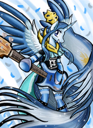 Size: 3800x5230 | Tagged: safe, artist:pridark, imported from derpibooru, oc, oc only, oc:princess argenta, alicorn, pony, alicorn oc, argentina, clothes, electric guitar, guitar, horn, musical instrument, nation ponies, ponified, rock (music), rock star, socks, solo, spiked wristband, wings, wristband