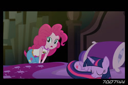 Size: 1288x858 | Tagged: safe, edit, edited screencap, editor:teren rogriss, imported from derpibooru, screencap, pinkie pie, twilight sparkle, alicorn, pony, equestria girls, legend of everfree, bed, bedroom, clothes, jewelry, pillow, pony on bed, sci-twi's room, shorts, sleeping, sleeping on bed, twilight sparkle (alicorn)