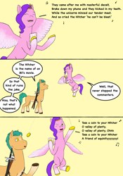 Size: 1668x2388 | Tagged: safe, artist:simonsartbookservice, imported from derpibooru, hitch trailblazer, pipp petals, earth pony, pegasus, pony, breaking the fourth wall, comic, g5, my little pony: a new generation, one eye closed, phone, singing, sword, the witcher, weapon, wink, witcher