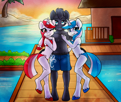 Size: 2600x2200 | Tagged: safe, artist:annakitsun3, imported from derpibooru, oc, oc only, oc:kaji, oc:koori, oc:marx, anthro, earth pony, unguligrade anthro, unicorn, beach, boardwalk, clothes, female, high res, lucky bastard, male, ocean, one eye closed, palm tree, partial nudity, shorts, siblings, straight, sunset, swimsuit, topless, tree, trio, twins, unshorn fetlocks, wink