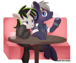 Size: 1024x843 | Tagged: safe, artist:sion, imported from derpibooru, oc, oc only, oc:beat, oc:plot frequency, earth pony, pony, unicorn, blushing, catsuit, clothes, commission, duo, female, flirting, glass of water, latex, latex suit, lidded eyes, male, oc x oc, shipping, simple background, straight, table, transparent background