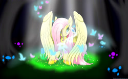 Size: 3800x2350 | Tagged: safe, artist:bludraconoid, imported from derpibooru, fluttershy, butterfly, pegasus, pony, animal, crepuscular rays, crying, cute, dark, female, flower, forest, glowing mushroom, grass, high res, lying, lying down, mare, mushroom, prone, shyabetes, simple background, smiling, solo, spotlight, spread wings, tree, wings