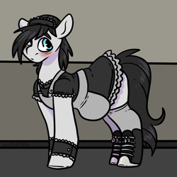 Size: 2000x2000 | Tagged: safe, artist:sexygoatgod, imported from derpibooru, oc, oc only, earth pony, pony, blushing, clothes, converse, crossdressing, dress, high res, maid, male, oc name needed, shoes, sneakers, socks, solo, stallion, stockings, thigh highs