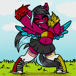 Size: 2000x2000 | Tagged: safe, artist:sexygoatgod, imported from derpibooru, oc, oc only, oc:razzmatazz gleam, hybrid, pegasus, pony, belly button, cheerleader, cheerleader outfit, clothes, converse, dressed, high res, shoes, skirt, sneakers, solo, spread wings, stockings, thigh highs, wings