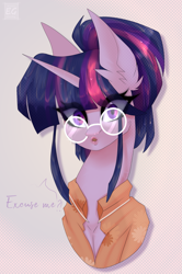 Size: 1371x2060 | Tagged: safe, artist:elektra-gertly, imported from derpibooru, twilight sparkle, pony, unicorn, bust, clothes, ear fluff, glasses, looking at you, portrait, solo, talking to viewer, unicorn twilight