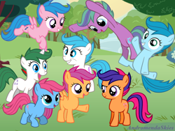 Size: 1024x768 | Tagged: safe, artist:andromendaskies, imported from derpibooru, baby cuddles, baby firefly, baby gusty, baby sleepy pie, ember (g1), scootaloo, scootaloo (g3), scooter sprite, earth pony, pegasus, pony, unicorn, baby, baby firefly can fly, baby flyabetes, baby gustybetes, baby pony, cuddlebetes, cute, cutealoo, dreamworks face, ember (blue), female, filly, flying, freestyle, g1, g1 emberbetes, g1 to g4, g3, g3 cutealoo, g3 to g4, g4, generation leap, generational ponidox, generations, grin, group, jumping, open mouth, open smile, outdoors, raised leg, recolor, scooterbetes, sleepydorable, smiling, talking