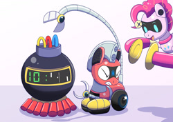 Size: 1280x906 | Tagged: safe, artist:trackheadtherobopony, imported from derpibooru, pinkie pie, oc, oc:trackhead, original species, pony, robot, robot pony, wheelpone, bad idea, bomb, claw, cymbals, eyes closed, gritted teeth, pinkie bot, pong, robot oc, roboticization, scissors, time bomb, weapon