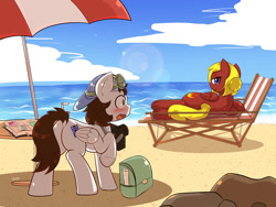 Size: 1200x900 | Tagged: safe, artist:tikrs007, imported from derpibooru, oc, oc only, oc:rosa charm, oc:skyshot arc, pegasus, pony, backwards ballcap, baseball cap, beach, beach umbrella, blushing, camera, cap, caught, cutie mark, duo, female, goggles, hat, lens flare, mare, ocean, pegasus oc, photo, photo album, we don't normally wear clothes