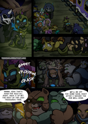 Size: 2408x3400 | Tagged: safe, artist:tarkron, imported from derpibooru, oc, changeling, diamond dog, earth pony, hybrid, pegasus, pony, undead, unicorn, comic:fusing the fusions, comic:time of the fusions, argument, ballgag, bondage, bound and gagged, changeling oc, cloth gag, clothes, combat, comic, commissioner:bigonionbean, crying, cutie mark, dialogue, eyepatch, female, fight, friendship express, frightened, gag, glasses, gold, guard, high res, horn, horrified, male, mare, over the nose gag, pack, panel, panic, panicking, rain, random pony, royal guard, scared, shocked, soldier, soldier pony, stallion, storm, teary eyes, tied up, train, train car, wings, wrestling, writer:bigonionbean