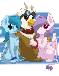 Size: 1500x1900 | Tagged: safe, artist:itstaylor-made, imported from derpibooru, oc, oc only, oc:gunslash, griffon, pegasus, pony, sphinx, clothes, female, paws, scarf, side hug, simple background, sphinx oc, tongue out, transparent background, trio