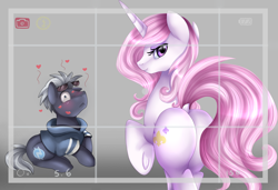 Size: 1884x1290 | Tagged: safe, artist:pridark, imported from derpibooru, fleur-de-lis, oc, oc:beat, earth pony, pony, unicorn, blushing, butt, camera shot, commission, duo, embarrassed, female, heart, kiss mark, kissing, lipstick, looking at you, looking back, mare, plot, silly, sunglasses, underhoof