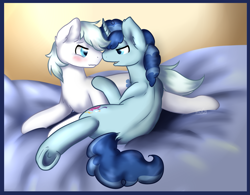 Size: 1765x1378 | Tagged: safe, artist:mondlichtkatze, imported from derpibooru, double diamond, party favor, earth pony, pony, unicorn, blushing, cuddling, cute, cutie mark, duo, gay, male, partydiamond, sheet, shipping, snuggling, stallion, underhoof