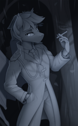 Size: 1500x2400 | Tagged: safe, artist:yakovlev-vad, imported from derpibooru, oc, oc only, anthro, bat pony, cigarette, clothes, coat, hand in pocket, lidded eyes, looking at you, monochrome, necktie, patreon, patreon reward, rain, smoking, solo, tree