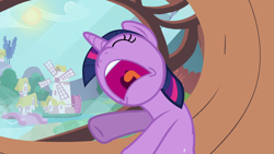 Size: 1920x1080 | Tagged: safe, imported from derpibooru, screencap, twilight sparkle, pony, unicorn, lesson zero, season 2, faic, female, golden oaks library, mare, mawshot, nose in the air, open mouth, ponyville, solo, sun, unicorn twilight, uvula, volumetric mouth, windmill