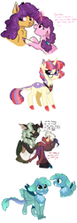 Size: 2048x5885 | Tagged: safe, artist:moccabliss, imported from derpibooru, moondancer, sugar belle, oc, oc:aztec, oc:jube bug, pony, alicorn amulet, interspecies offspring, offspring, parent:big macintosh, parent:cosmos, parent:discord, parent:gabby, parent:spike, parent:sugar belle, parents:coscord, parents:spabby, parents:sugarmac, simple background, white background