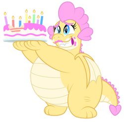 Size: 1280x1265 | Tagged: safe, artist:aleximusprime, imported from derpibooru, oc, oc only, oc:buttercream, oc:buttercream the dragon, dragon, flurry heart's story, birthday cake, cake, cake icing, candle, cute, dragon oc, fat, food, nervous, simple background, solo, transparent background