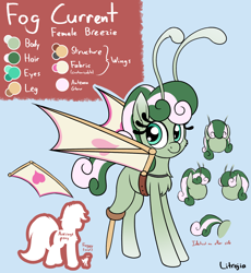 Size: 1700x1850 | Tagged: safe, artist:litrojia, imported from derpibooru, oc, oc only, oc:fog current, breezie, amputee, artificial wings, augmented, breezie oc, female, freckles, gradient hooves, looking at you, peg leg, prosthetic leg, prosthetic limb, prosthetics, reference sheet, smiling, wings