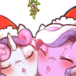 Size: 1159x1159 | Tagged: safe, artist:cold-blooded-twilight, imported from derpibooru, diamond tiara, sweetie belle, pony, blushing, cheek squish, cheek to cheek, christmas, close-up, eyes closed, female, hat, holiday, kissy face, mistletoe, santa hat, simple background, squishy cheeks, transparent background