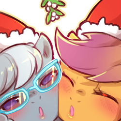 Size: 1159x1159 | Tagged: safe, artist:cold-blooded-twilight, imported from derpibooru, scootaloo, silver spoon, pony, blushing, cheek squish, cheek to cheek, christmas, close-up, eyes closed, female, glasses, hat, holiday, kissy face, looking at you, mistletoe, santa hat, squishy cheeks