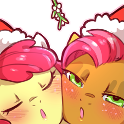 Size: 1159x1159 | Tagged: safe, artist:cold-blooded-twilight, imported from derpibooru, apple bloom, babs seed, pony, bedroom eyes, blushing, cheek to cheek, christmas, duo, eyes closed, female, freckles, hat, holiday, kissy face, looking at you, mistletoe, santa hat, simple background, transparent background