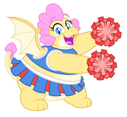 Size: 1280x1179 | Tagged: safe, artist:aleximusprime, imported from derpibooru, oc, oc only, oc:buttercream, oc:buttercream the dragon, dragon, flurry heart's story, adorafatty, cheerleader, cheerleader outfit, cheerleading, clothes, cute, cute little fangs, dragon oc, dragoness, fangs, fat, female, happy, ocbetes, open mouth, open smile, pom pom, simple background, skirt, smiling, tanktop, transparent background