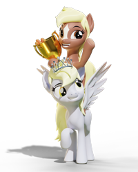 Size: 2160x2700 | Tagged: safe, artist:xppp1n, imported from ponybooru, derpy hooves, earth pony, pegasus, 3d, blender, blender cycles, carrot, female, food, jewelry, mare, miss /mlp/ 2021, simple background, smiling, tiara, transparent background, trophy, verity, waving