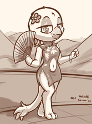 Size: 1247x1663 | Tagged: safe, artist:nottrevbe, gabby, anthro, griffon, belly button, chinese dress, explicit source, female, female griffon, looking at you, monochrome, solo, solo female