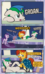 Size: 4724x7795 | Tagged: safe, artist:alexdti, imported from derpibooru, starlight glimmer, sunburst, oc, oc:marco, pony, unicorn, comic:quest for friendship, clothes, female, glasses, magic, male, open mouth, robe, speech bubble, trio, twilight's castle