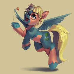 Size: 3000x3000 | Tagged: safe, artist:annna markarova, imported from derpibooru, oc, oc only, pegasus, pony, glasses, high res, open mouth, smiling, solo, spread wings, toffee (candy), wings