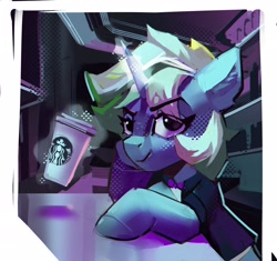 Size: 3000x2814 | Tagged: safe, artist:annna markarova, imported from derpibooru, oc, oc only, pony, unicorn, bowtie, coffee, high res, looking at you, smiling, smirk, solo, starbucks
