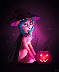 Size: 3000x3633 | Tagged: safe, artist:annna markarova, imported from derpibooru, oc, oc only, pony, cape, chest fluff, clothes, floppy ears, glasses, halloween, hat, high res, holiday, jack-o-lantern, looking at you, pumpkin, smiling, solo, tongue out, witch hat
