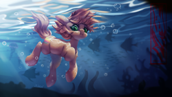 Size: 3000x1688 | Tagged: safe, artist:theprince, imported from derpibooru, oc, oc only, earth pony, fish, pony, bubble, commission, crepuscular rays, flowing mane, flowing tail, green eyes, high res, holding breath, looking at you, ocean, puffy cheeks, seaweed, signature, solo, sunlight, swimming, tail, underwater, water