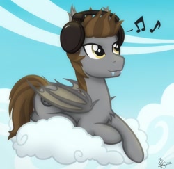 Size: 640x621 | Tagged: safe, artist:whitequartztheartist, imported from derpibooru, oc, oc only, oc:devin, bat pony, pony, chest fluff, cloud, cute, day, fangs, folded wings, headphones, looking at something, lying down, male, music notes, on a cloud, outdoors, prone, signature, sky, smiling, stallion, wings