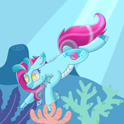 Size: 1280x1280 | Tagged: safe, artist:starlight-j, imported from derpibooru, oc, oc only, hybrid, merpony, bubble, cloven hooves, coral, crepuscular rays, ear fluff, female, fins, ocean, pink mane, pink tail, scales, smiling, solo, sunlight, swimming, tail, underwater, water, yellow eyes