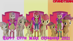 Size: 3840x2160 | Tagged: safe, artist:optimussparkle, imported from derpibooru, apple bloom, scootaloo, sweetie belle, earth pony, pegasus, pony, unicorn, equestria girls, 3d, cmc day, cutie mark crusaders, high res, older, older apple bloom, older scootaloo, older sweetie belle, source filmmaker