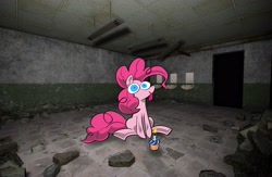 Size: 3000x1954 | Tagged: safe, artist:swagstapiece, imported from derpibooru, pinkie pie, earth pony, pony, candle, cupcake, female, fire, food, looking at you, mare, rock, sink, sitting, solo, tongue out