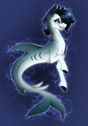 Size: 1259x1801 | Tagged: safe, artist:xxmysticaldreamsxx, imported from derpibooru, oc, oc only, hybrid, merpony, original species, seapony (g4), shark, shark pony, blue background, blue mane, colored pupils, dorsal fin, fangs, fish tail, flowing tail, gills, gray eyes, lidded eyes, simple background, smiling, solo, tail, teeth, underwater, water