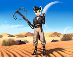 Size: 2750x2149 | Tagged: safe, artist:mrscroup, imported from derpibooru, oc, oc only, oc:lancer, anthro, amputee, crossbow, cybernetic legs, desert, high res, kenshi, prosthetic limb, prosthetics, solo