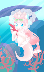 Size: 1024x1639 | Tagged: safe, artist:taligintou, imported from derpibooru, oc, oc only, merpony, seapony (g4), blue eyes, coral, female, fish tail, flowing mane, flowing tail, looking at you, mermaid tail, mermay, ocean, pink mane, ribbon, smiling, solo, sunlight, tail, underwater, water, wingding eyes