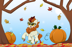 Size: 6588x4254 | Tagged: safe, artist:kittyrosie, imported from derpibooru, autumn blaze, kirin, absurd resolution, autumn, awwtumn blaze, blushing, cute, female, leaf, leaves, open mouth, open smile, pumpkin, smiling, solo, tree