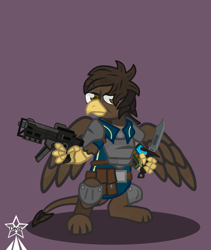 Size: 4245x5021 | Tagged: safe, artist:devorierdeos, imported from derpibooru, oc, oc only, griffon, fallout equestria, 10mm smg, armor, battle knife, belt, clothes, griffon oc, gun, jumpsuit, knife, pipboy, pipbuck, pouch, simple background, standing, submachinegun, vault suit, weapon, yellow eyes