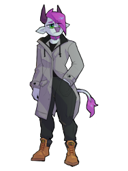 Size: 2736x3648 | Tagged: safe, artist:tass_the_bovine, imported from derpibooru, oc, oc only, anthro, cat, caterpillar, cow, unguligrade anthro, yak, choker, clothes, collar, high res, male, simple background, solo, tass, transparent background, trenchcoat, yakponia, yakponian