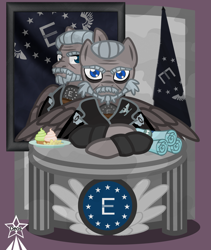 Size: 4245x5021 | Tagged: safe, artist:devorierdeos, imported from derpibooru, oc, oc only, pegasus, pony, fallout equestria, beard, blue eyes, bust, clothes, colonel, cupcake, emblem, enclave, facial hair, flag, food, grand pegasus enclave, grey hair, hands folded, military, military uniform, moustache, officer, old pony, peanuts, pegasus oc, pillar, portrait, scroll, simple background, sitting, stamp paper, table, uniform